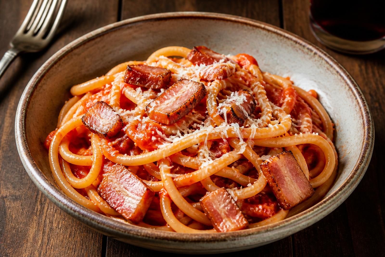 Pasta all'Amatriciana con pomodoro, guanciale e Pecorino Romano