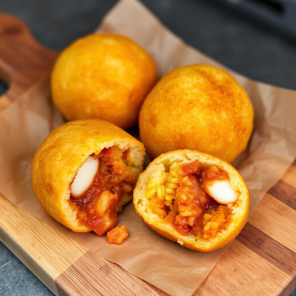 Arancine e arancini siciliani fritti dorati, uno aperto con ragù e mozzarella