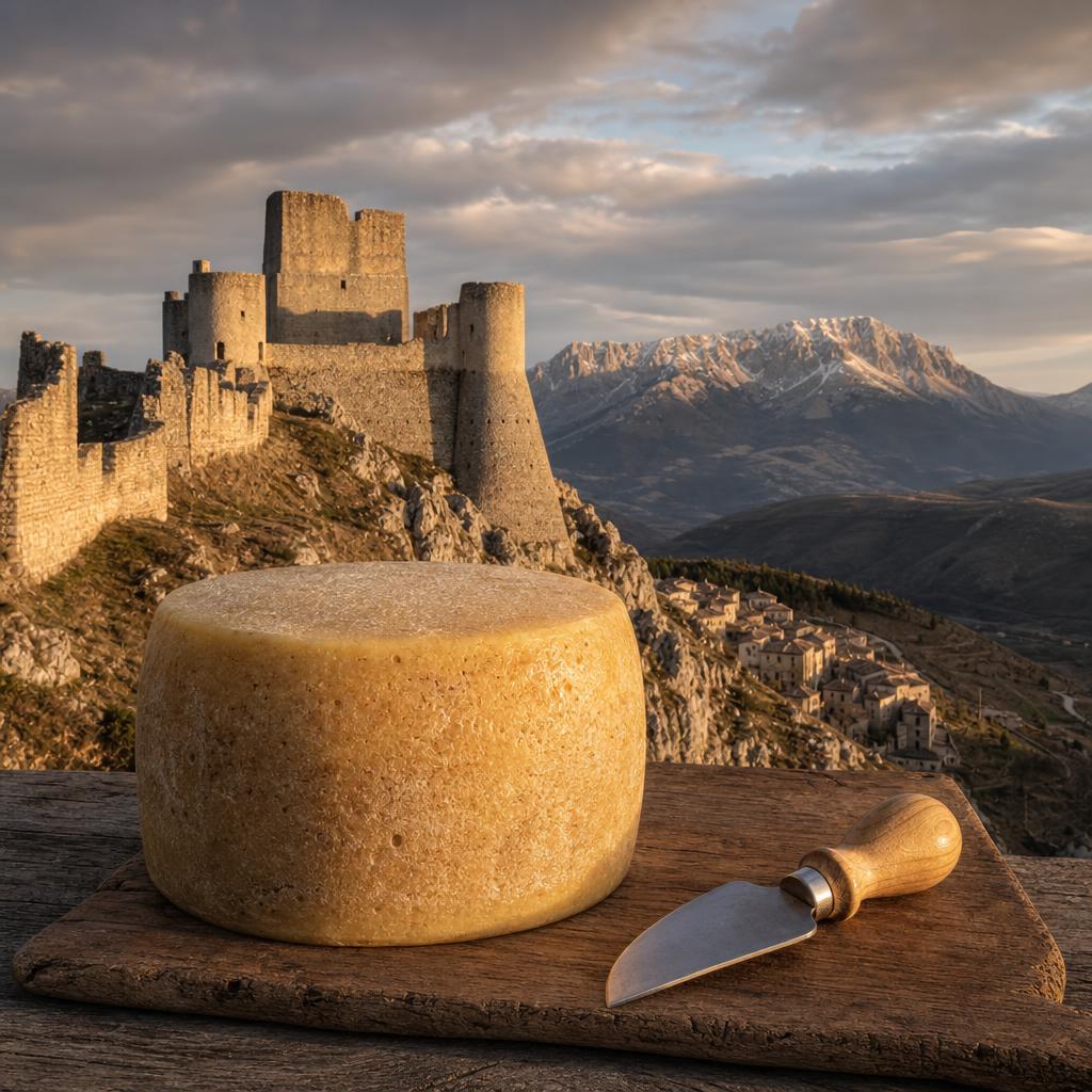 Cacio Pecorino di Calascio in primo piano con la Rocca di Calascio, il borgo sottostante e il Gran Sasso sullo sfondo