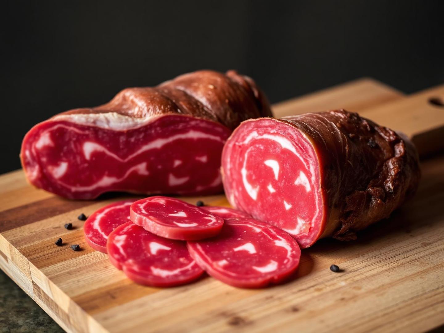 Capocollo di Martina Franca stagionato intero e affettato su tagliere di legno