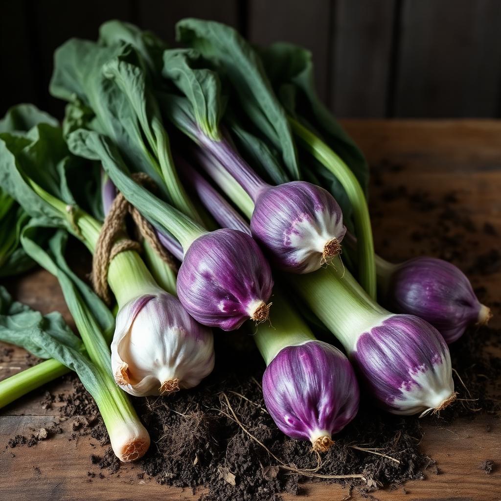 Carciofi brindisini violetti appena raccolti con gambo lungo e foglie