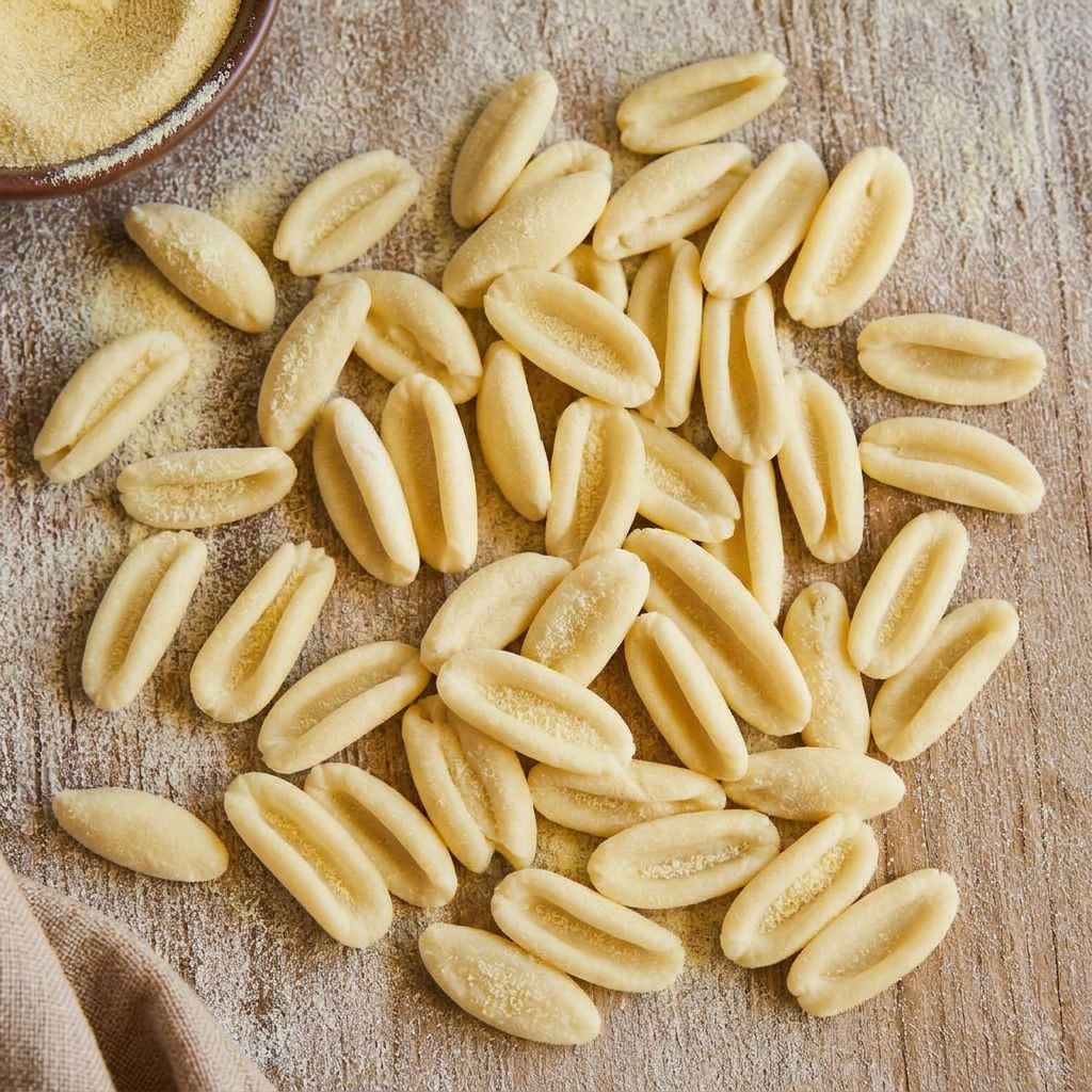 Cavatelli cilentani, pasta tipica del Cilento, in ciotola di ceramica con sugo di pomodoro e basilico