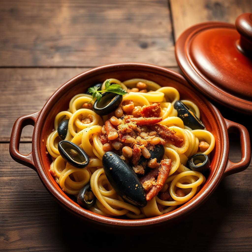 Cavatelli pugliesi con cozze nere e fagioli cannellini in ciotola di terracotta