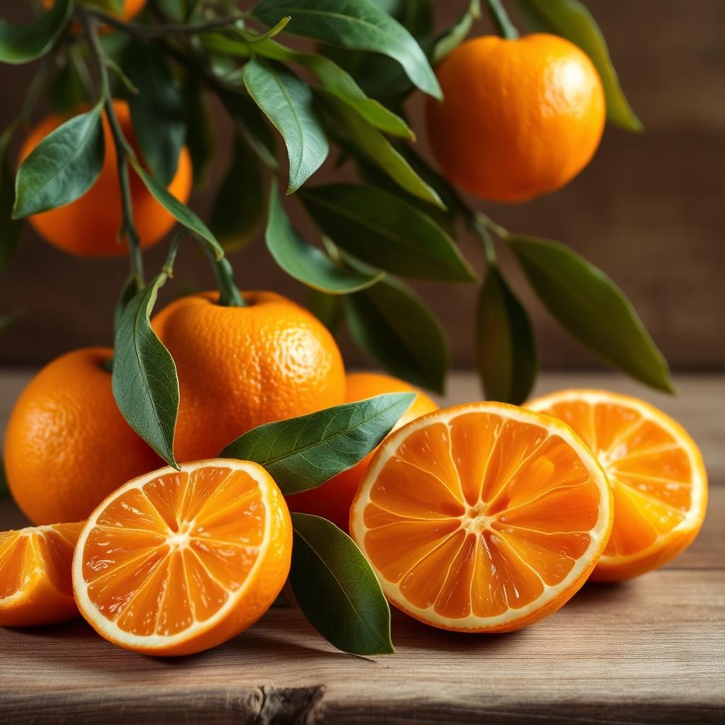 Clementine mature del Golfo di Taranto con foglie verdi, alcune tagliate a metà