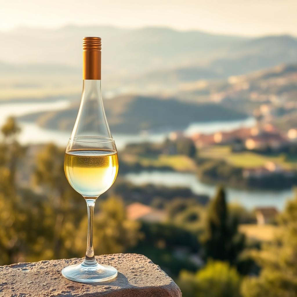Calice di vino bianco Est! Est!! Est!!! di Montefiascone DOC con panorama del Lago di Bolsena e Montefiascone