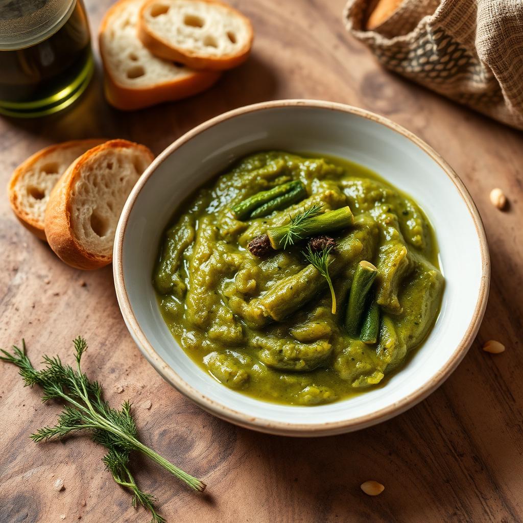Purea di fave gialle con cicorie di campo saltate e crostini di pane pugliese