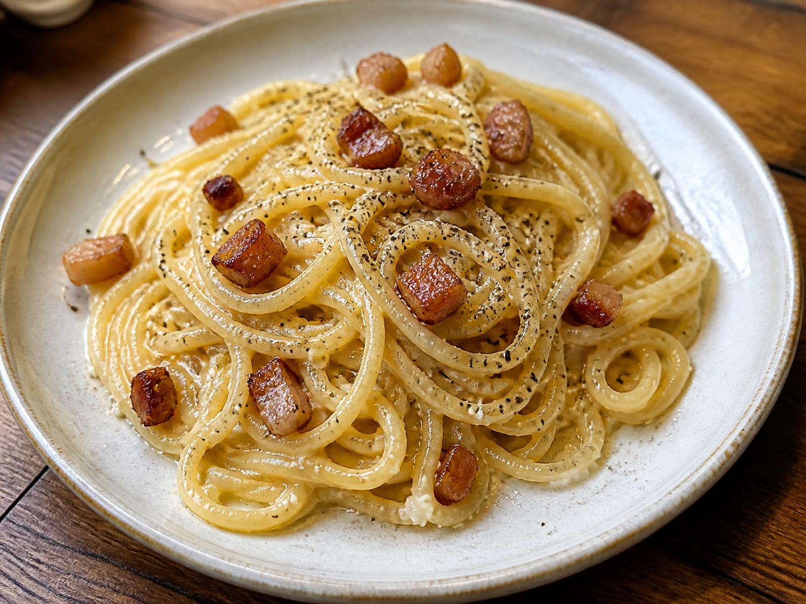 Carbonara romana con guanciale, uova, Pecorino Romano e pepe nero