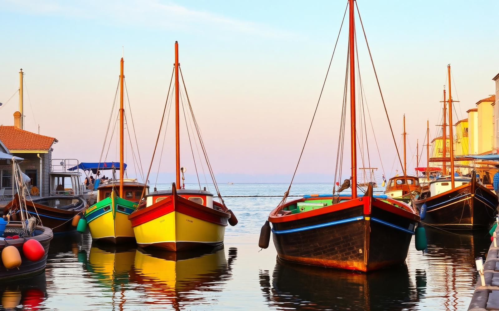 Barche da pesca in legno colorate nel porto canale di Cesenatico al tramonto
