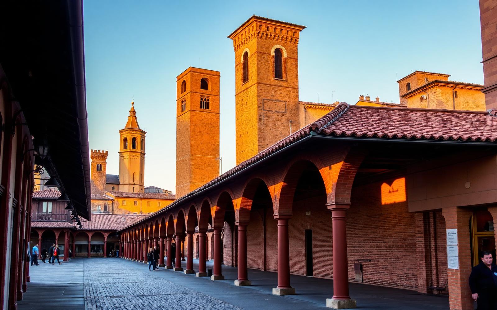 Portici di mattoni rossi e torri medievali nel centro storico di Bologna al tramonto