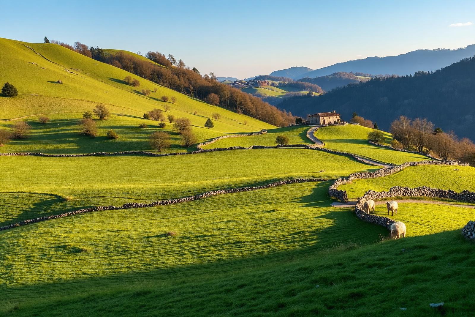 Pascoli e faggete dell'Alto Molise con un borgo appenninico sullo sfondo