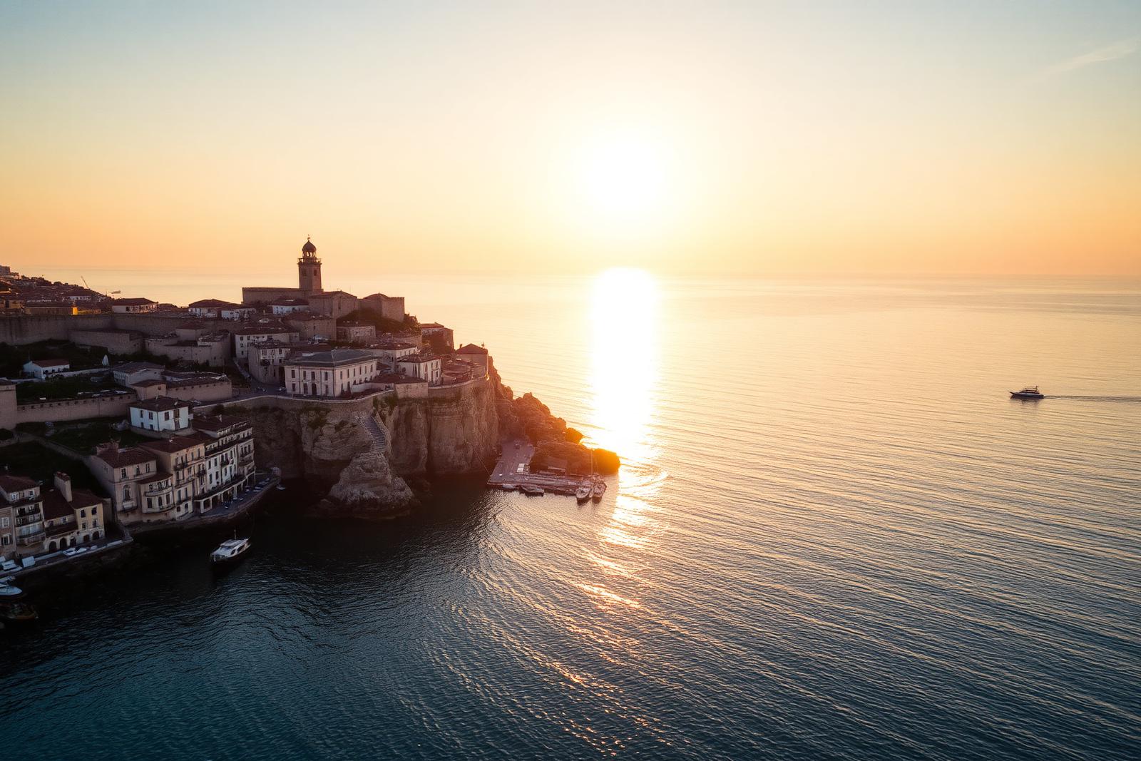 Il borgo antico di Termoli sul promontorio roccioso affacciato sull'Adriatico al tramonto