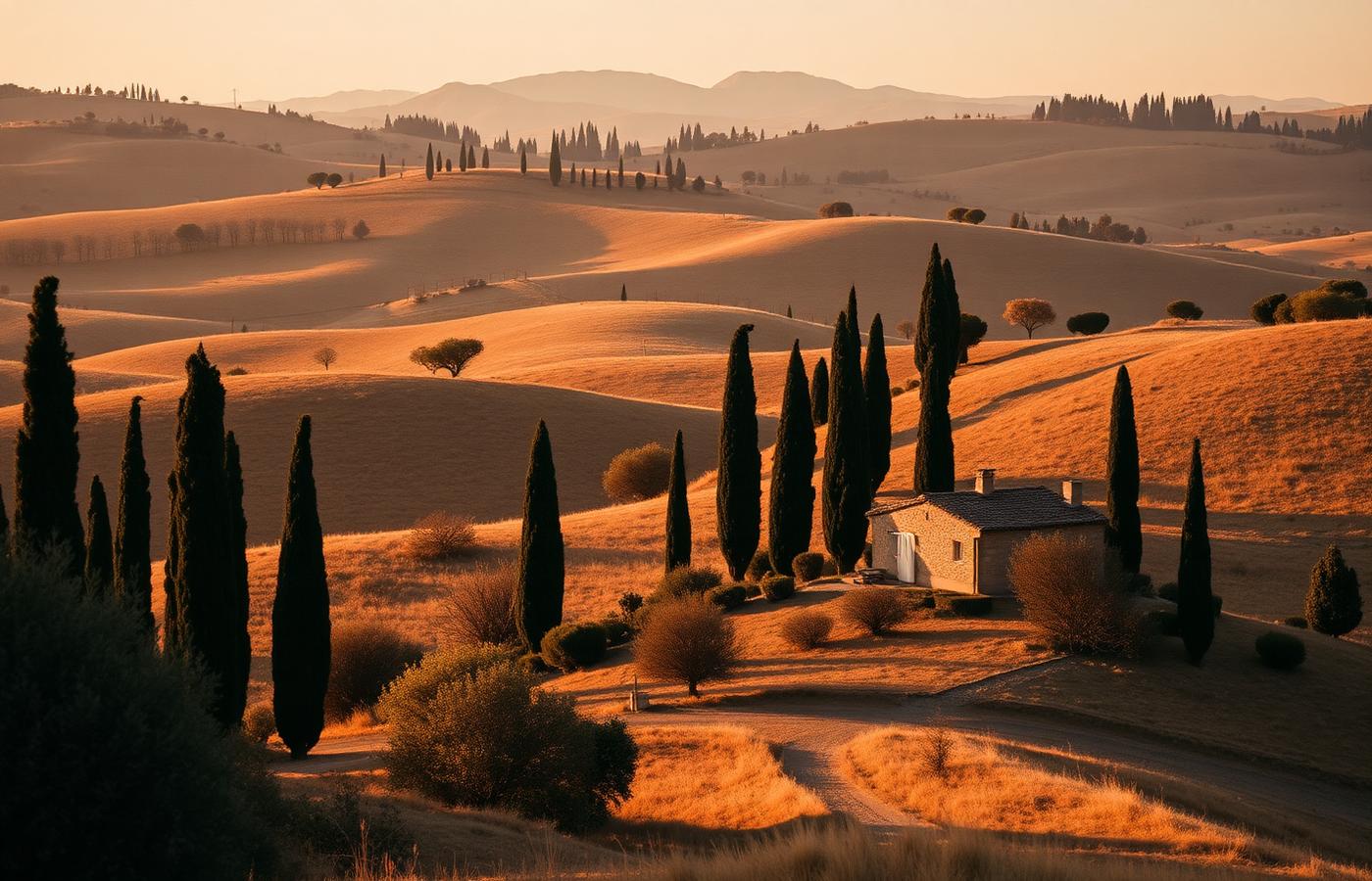 Colline della campagna laziale al tramonto con cipressi