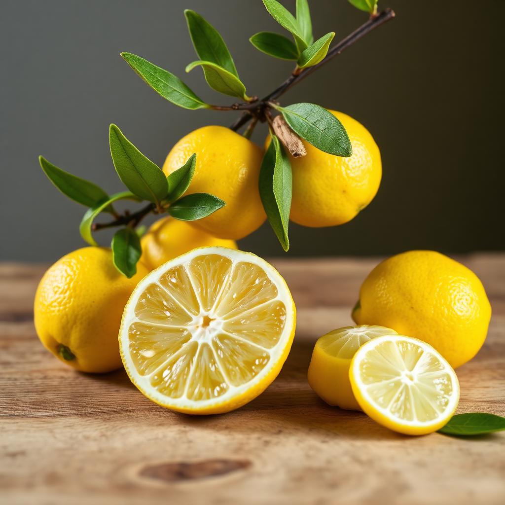 Limoni Femminello del Gargano IGP gialli maturi con foglie verdi e frutti tagliati a metà
