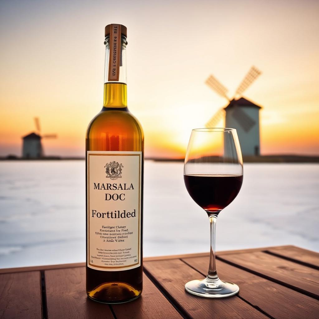 Bicchiere di Marsala DOC ambrato con saline di Trapani sullo sfondo al tramonto