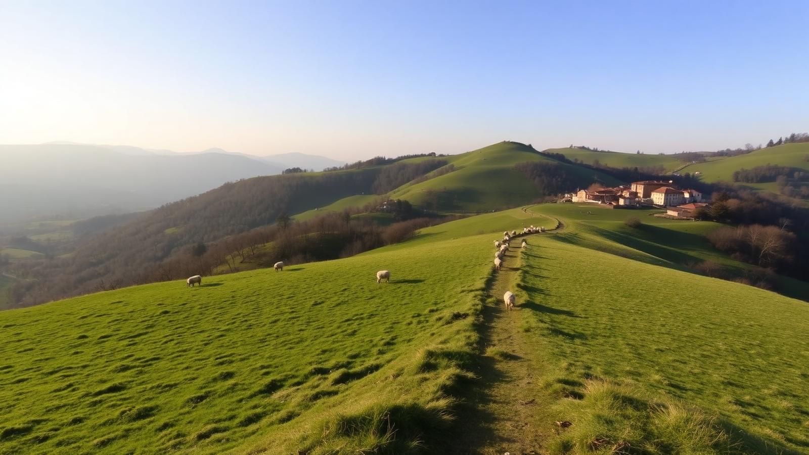 Altopiano dell'Alto Molise con tratturo erboso, greggi al pascolo e borgo appenninico sullo sfondo