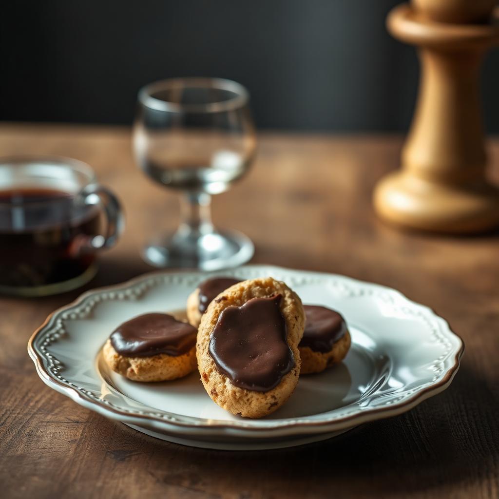 Mostaccioli leccesi romboidali glassati al cioccolato fondente su piatto di ceramica