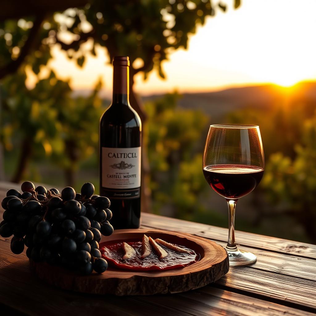 Calice di Castel del Monte Nero di Troia rosso rubino con grappoli di uva nera di Troia al tramonto