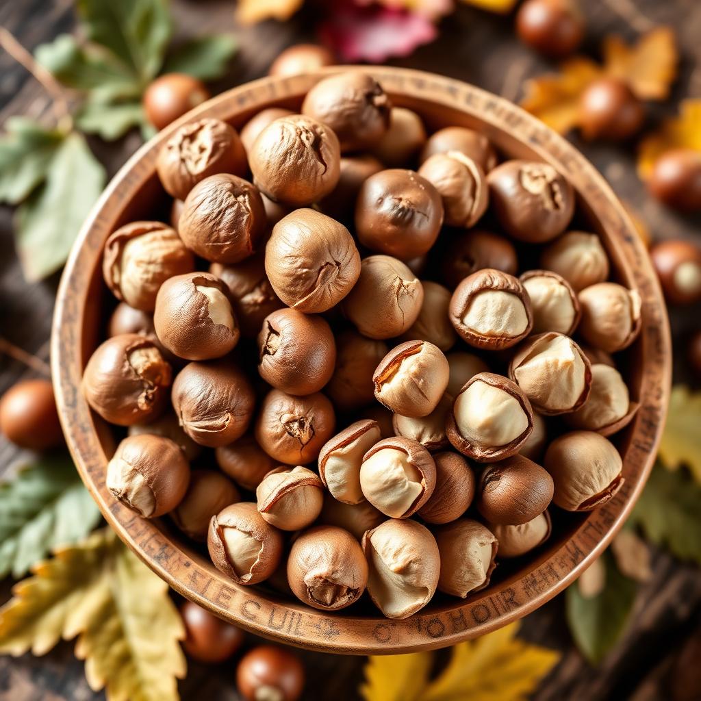 Nocciole Romane DOP tonde, intere e sgusciate, in ciotola di legno