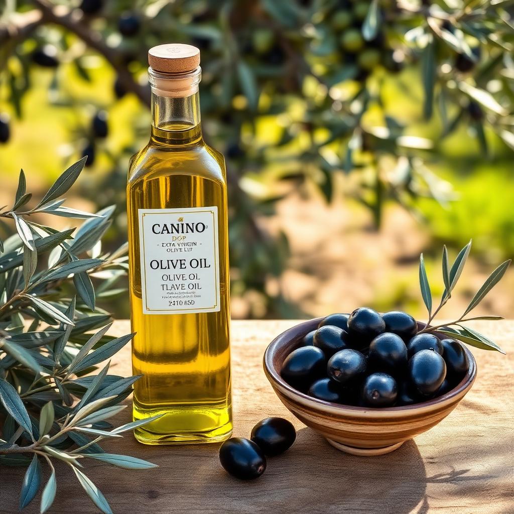 Bottiglia di olio extravergine Canino DOP con olive nere e rametto d'olivo