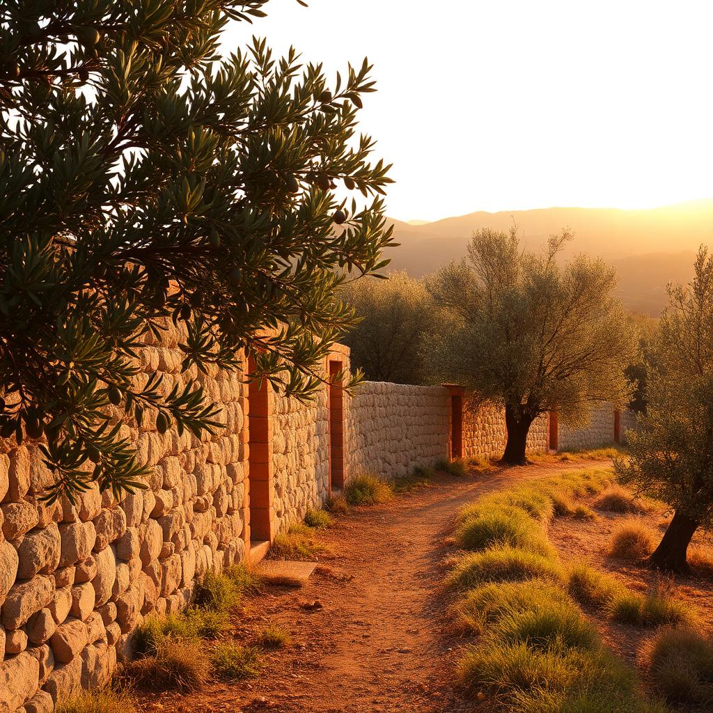 Uliveto secolare pugliese con muretti a secco al tramonto