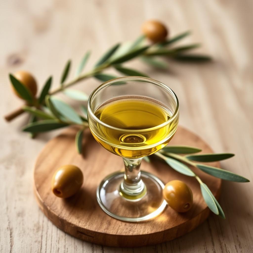 Coppetta di degustazione con olio extravergine Dauno DOP giallo dorato e ramoscello di ulivo