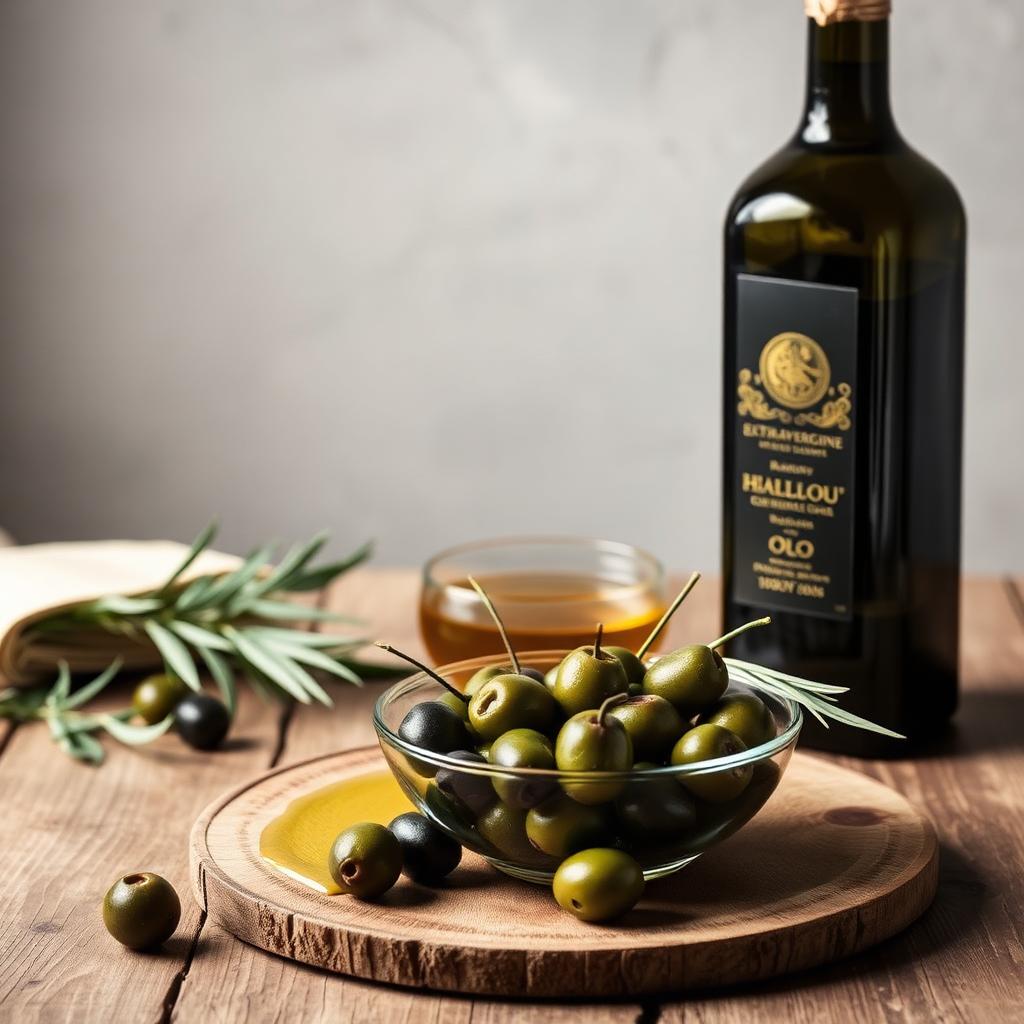 Coppa di olio extravergine Terra di Bari DOP verde dorato con olive nere e ramo di ulivo