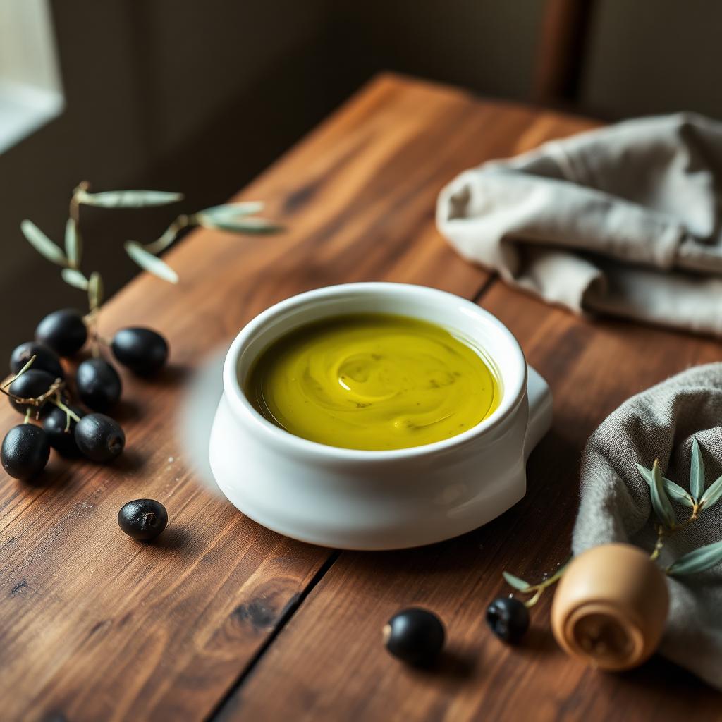 Ciotola di olio extravergine Terra d'Otranto DOP verde intenso con olive nere leccine