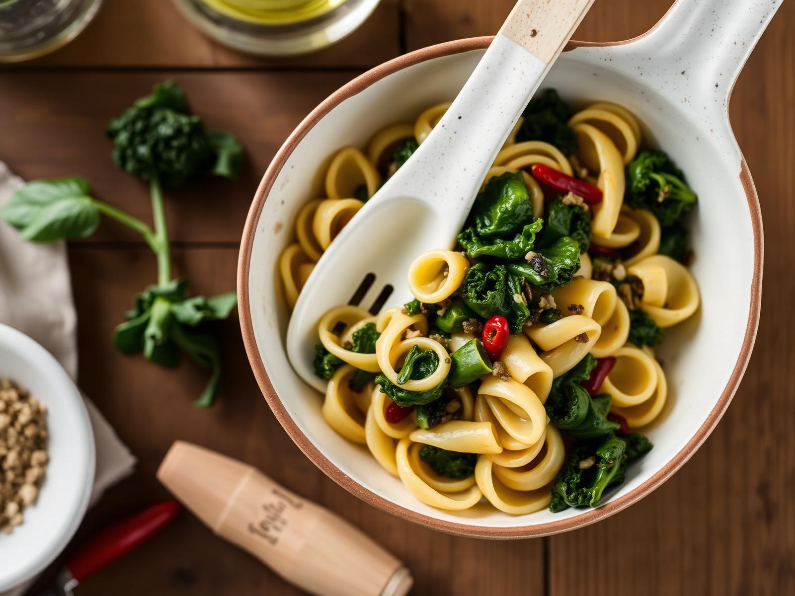 Orecchiette pugliesi con cime di rapa saltate, aglio e peperoncino in ciotola di ceramica
