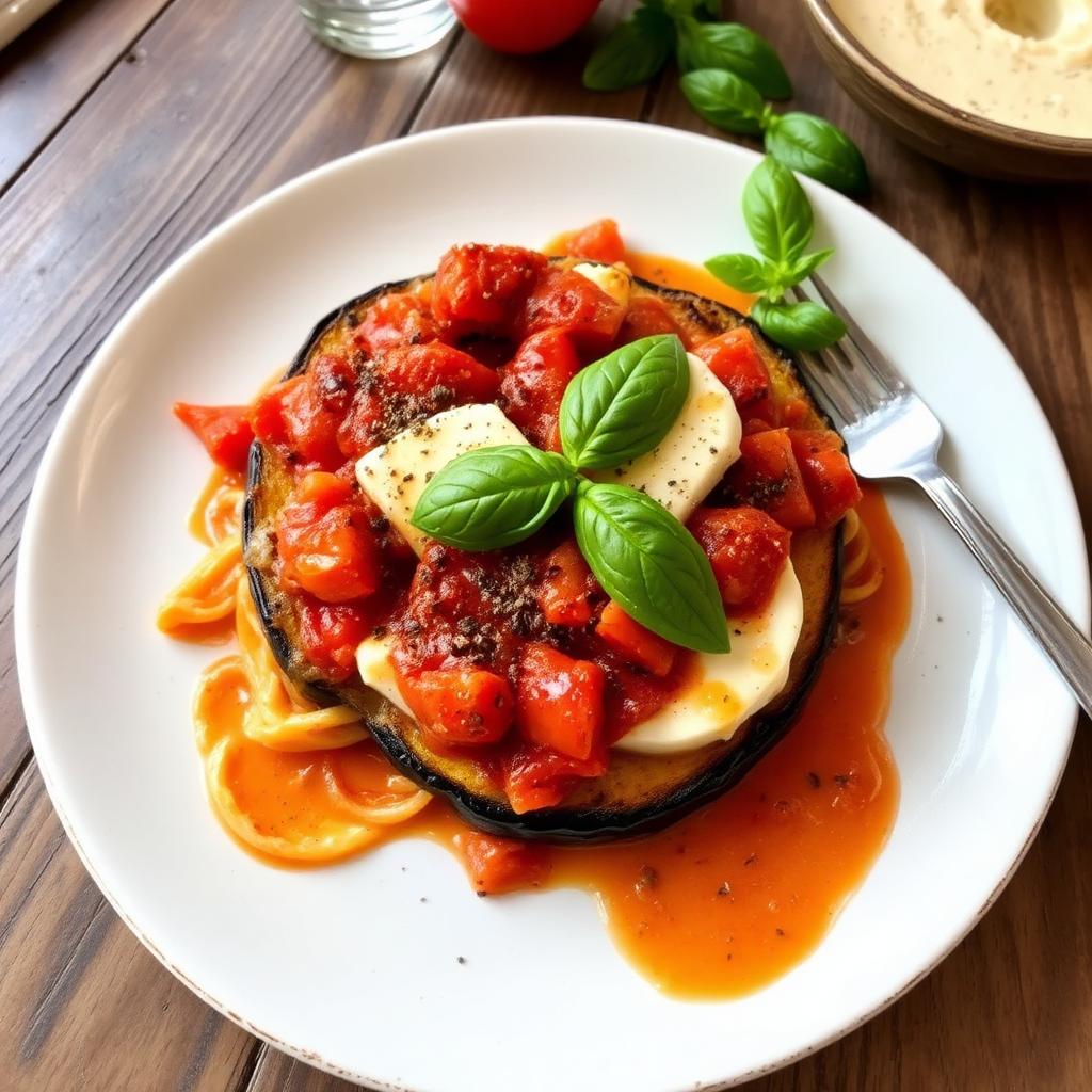 Parmigiana di melanzane siciliana con pomodoro, caciocavallo e basilico