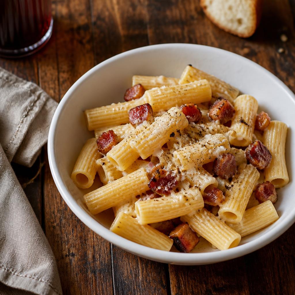 Rigatoni alla gricia con guanciale croccante e Pecorino Romano