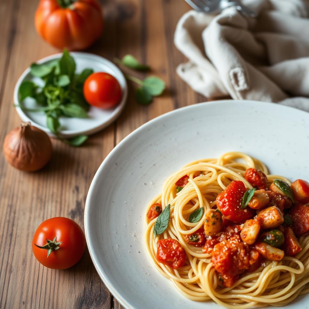 Pasta con i tenerumi, minestra siciliana con foglie di zucchina lunga e pomodoro