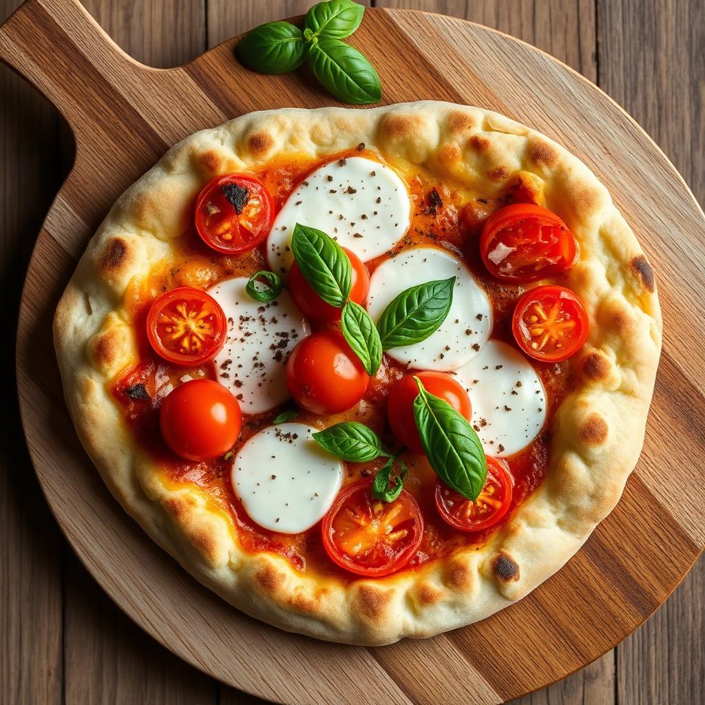 Pinsa Romana ovale con impasto alveolato, pomodoro, mozzarella e basilico su pala