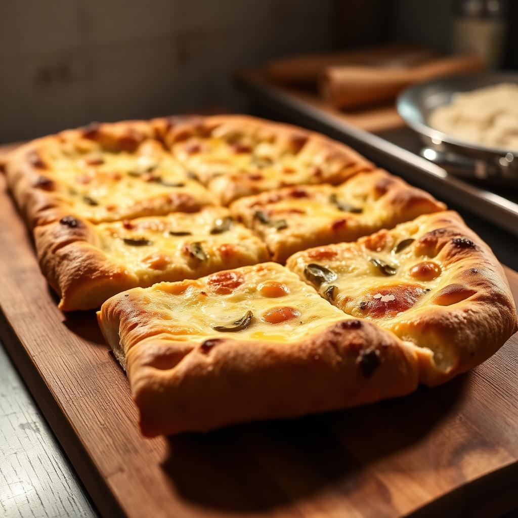 Pizza bianca romana rettangolare con olio EVO e sale grosso su tavola di legno