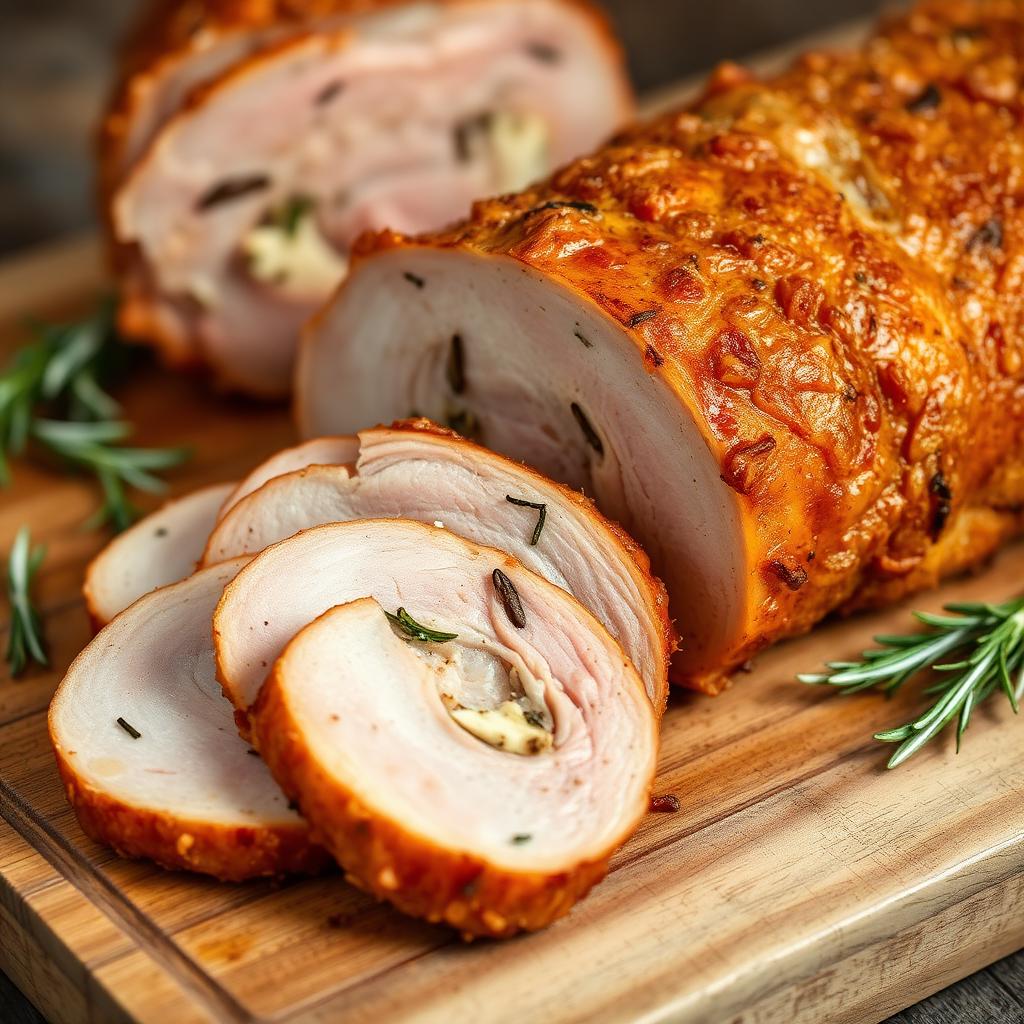 Porchetta di Ariccia IGP affettata con crosta croccante e rosmarino su tagliere di legno