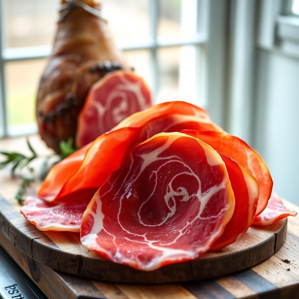 Fette di Prosciutto Amatriciano IGP di colore rosso vivo con leggera marezzatura
