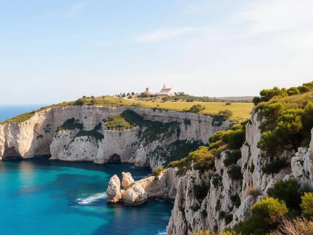 Promontorio del Gargano con falesie sul mare Adriatico e borgo sulla costa