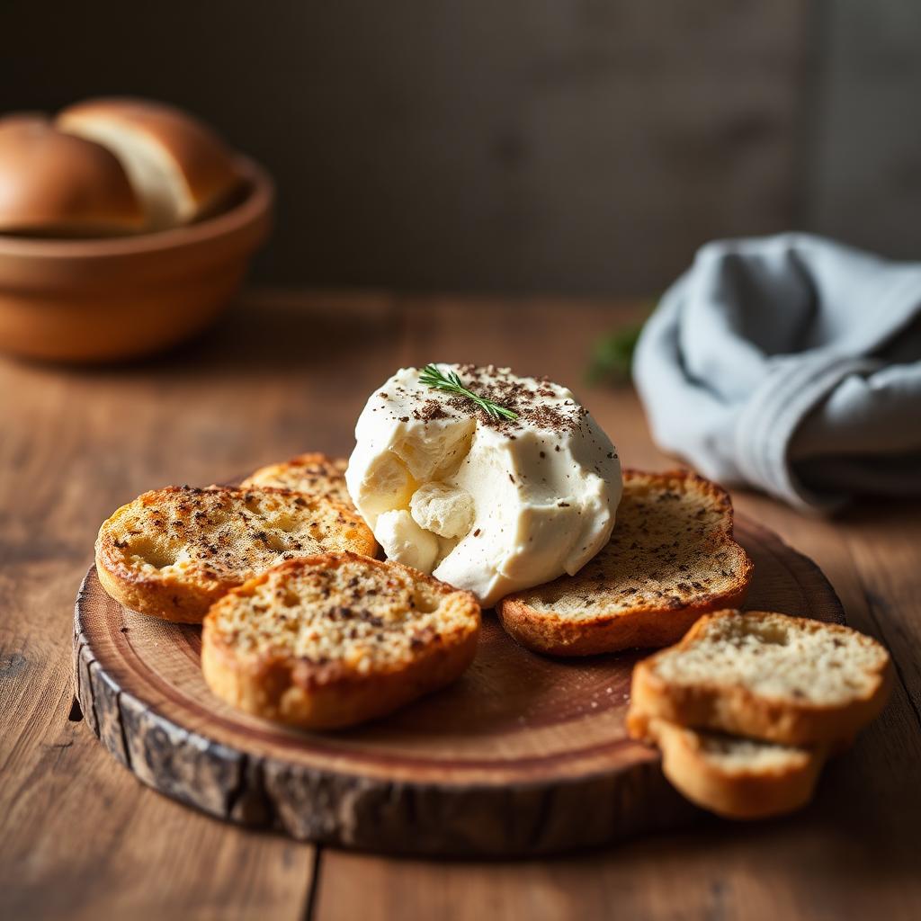 Ricotta forte pugliese cremosa color avorio con crostini di pane e pepe nero