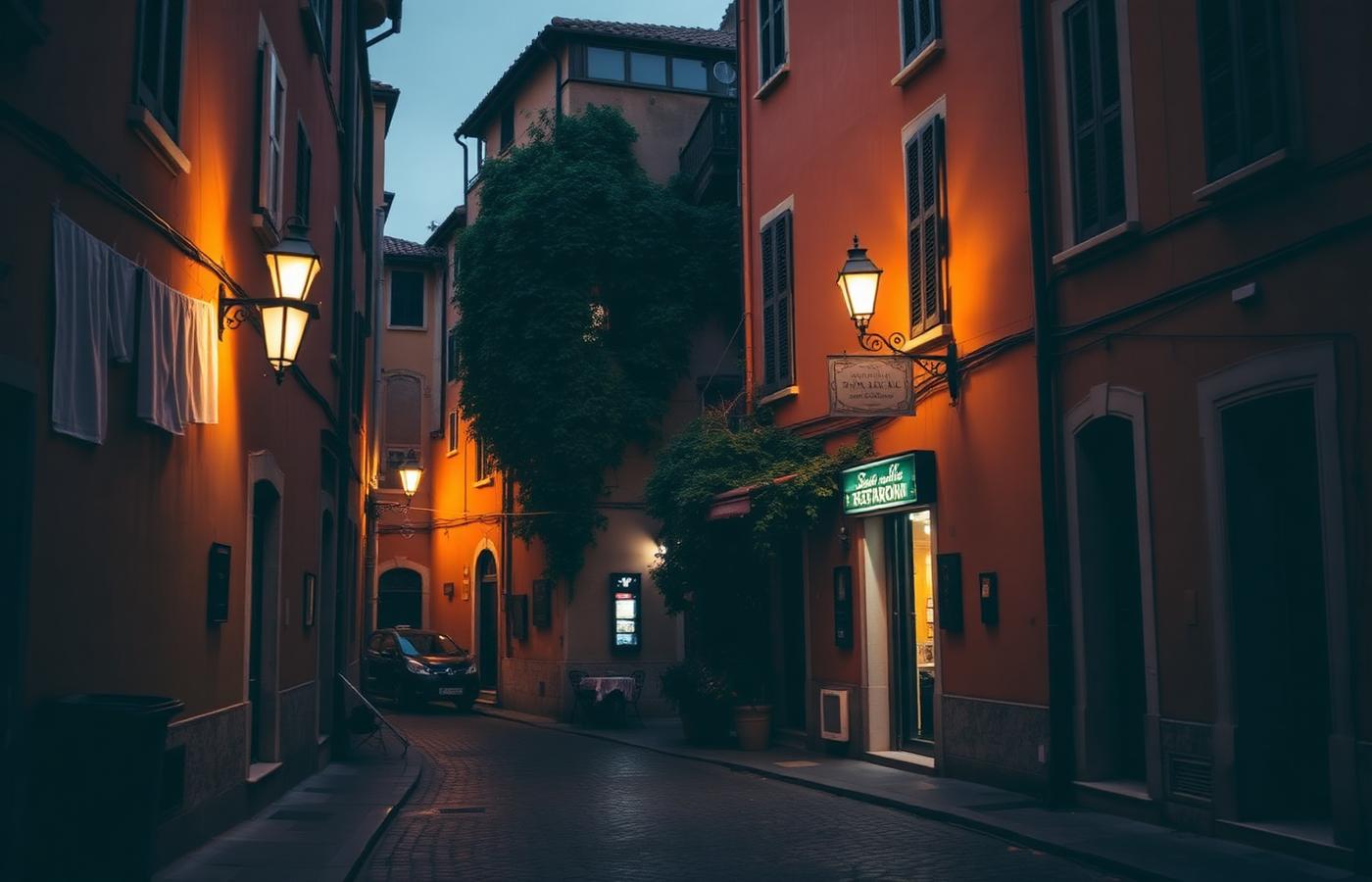 Vicolo di Roma all'imbrunire con luci calde