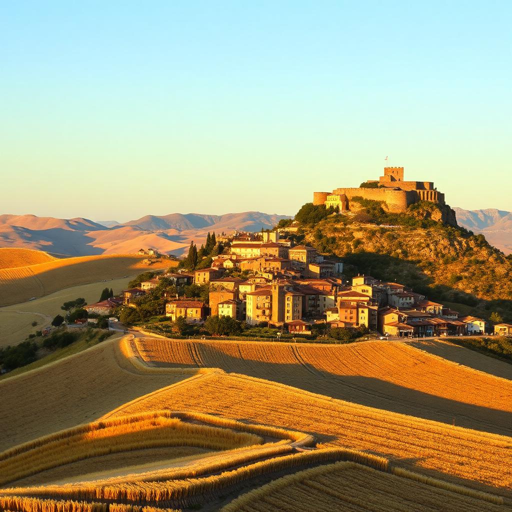Borgo collinare di Enna con i campi di grano della Sicilia interna