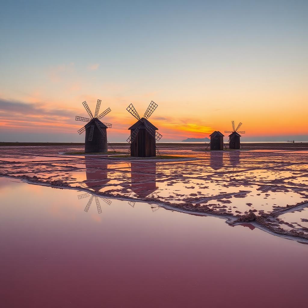 Saline di Trapani al tramonto con mulini a vento