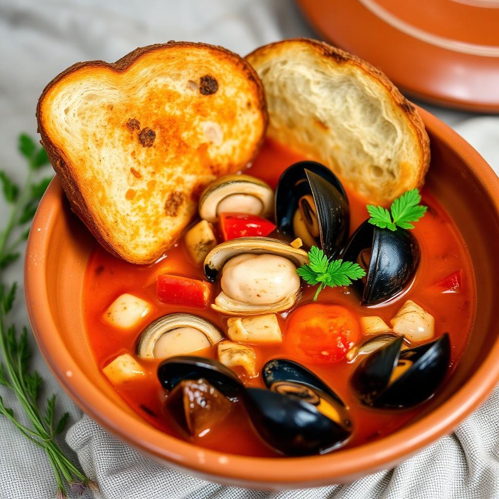 Zuppa di pesce gallipolina con scorfano, cozze e pane bruscato