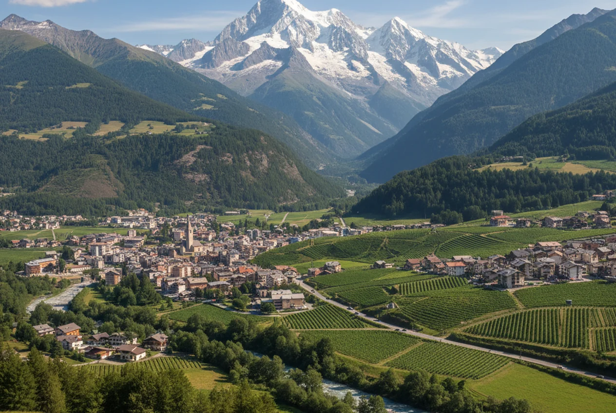 Il Monte Bianco visto da Courmayeur con i ghiacciai e i vigneti terrazzati sotto la vetta