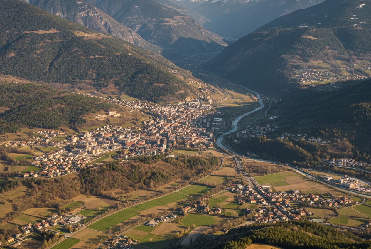 La città di Aosta con i resti romani e le montagne innevate sullo sfondo