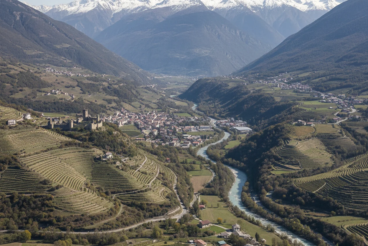 Le montagne del Monte Rosa sopra i vigneti terrazzati della Bassa Valle d'Aosta