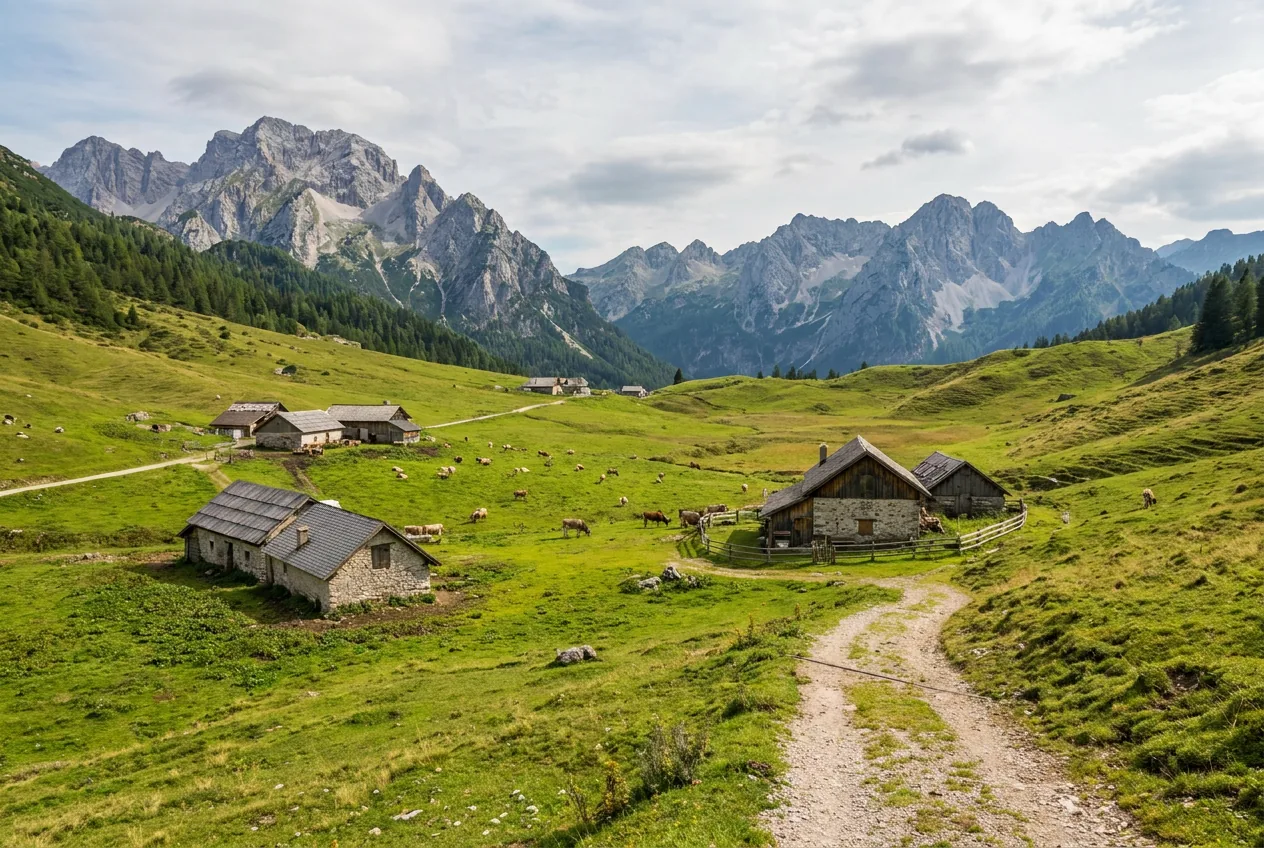Malghe e prati alpini della Carnia con le Alpi Carniche sullo sfondo