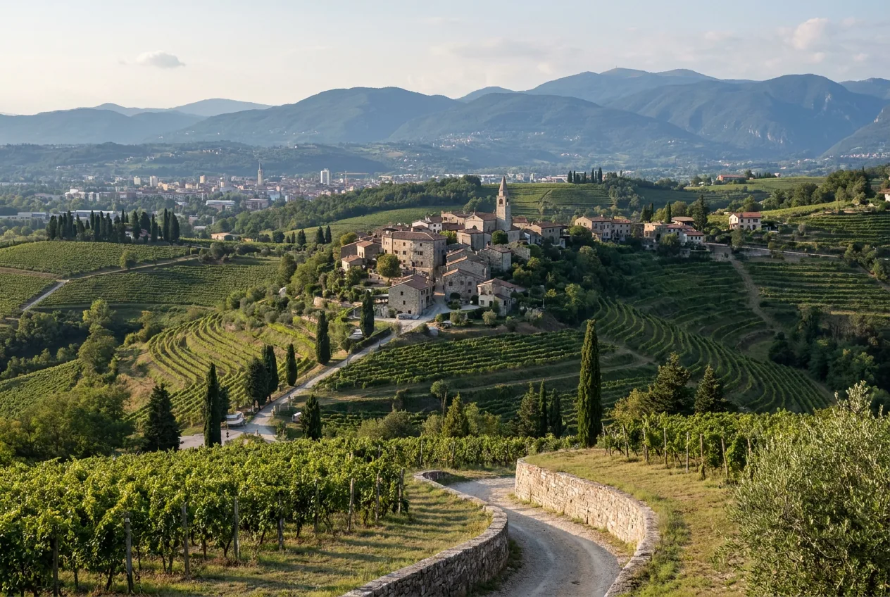 Vigneti terrazzati del Collio goriziano al tramonto