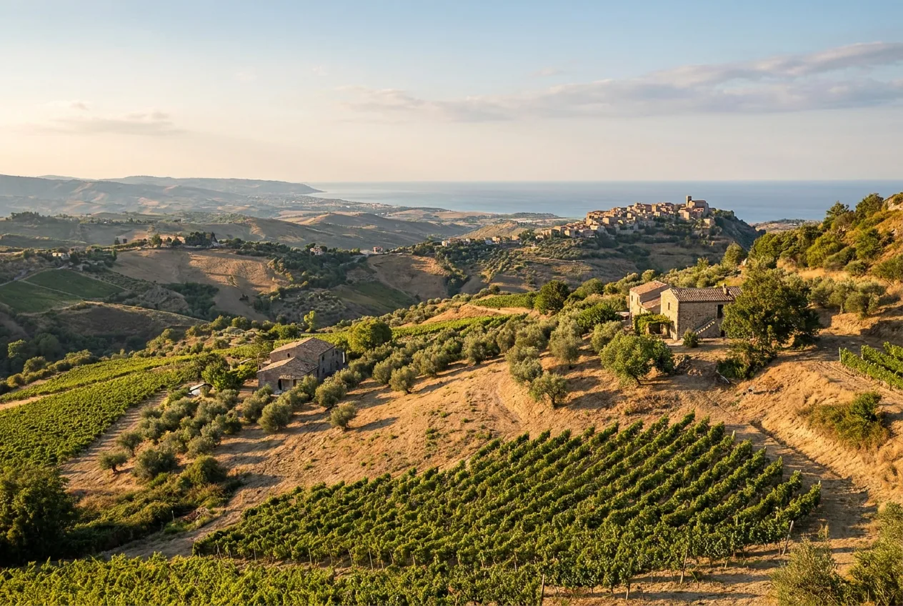 Colline del Marchesato crotonese con vigneti e la costa ionica sullo sfondo
