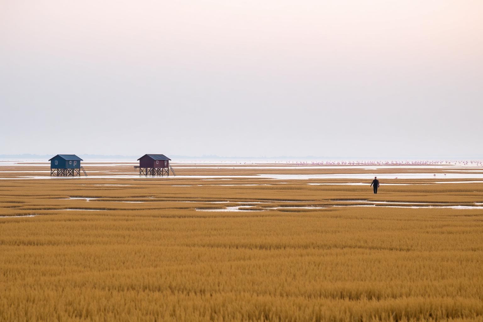 Valli di Comacchio con casoni da pesca al tramonto
