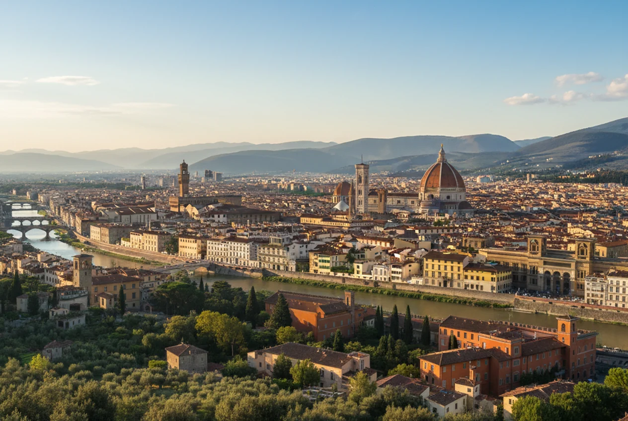 Il Duomo e i tetti di Firenze al tramonto con le colline toscane sullo sfondo