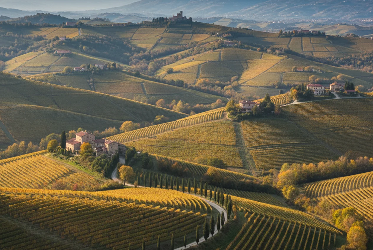 Le colline vitate delle Langhe attorno a Barolo in autunno